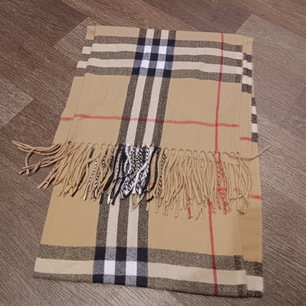 pashmina Tan Plaid Scarf with Red and Black Stripes